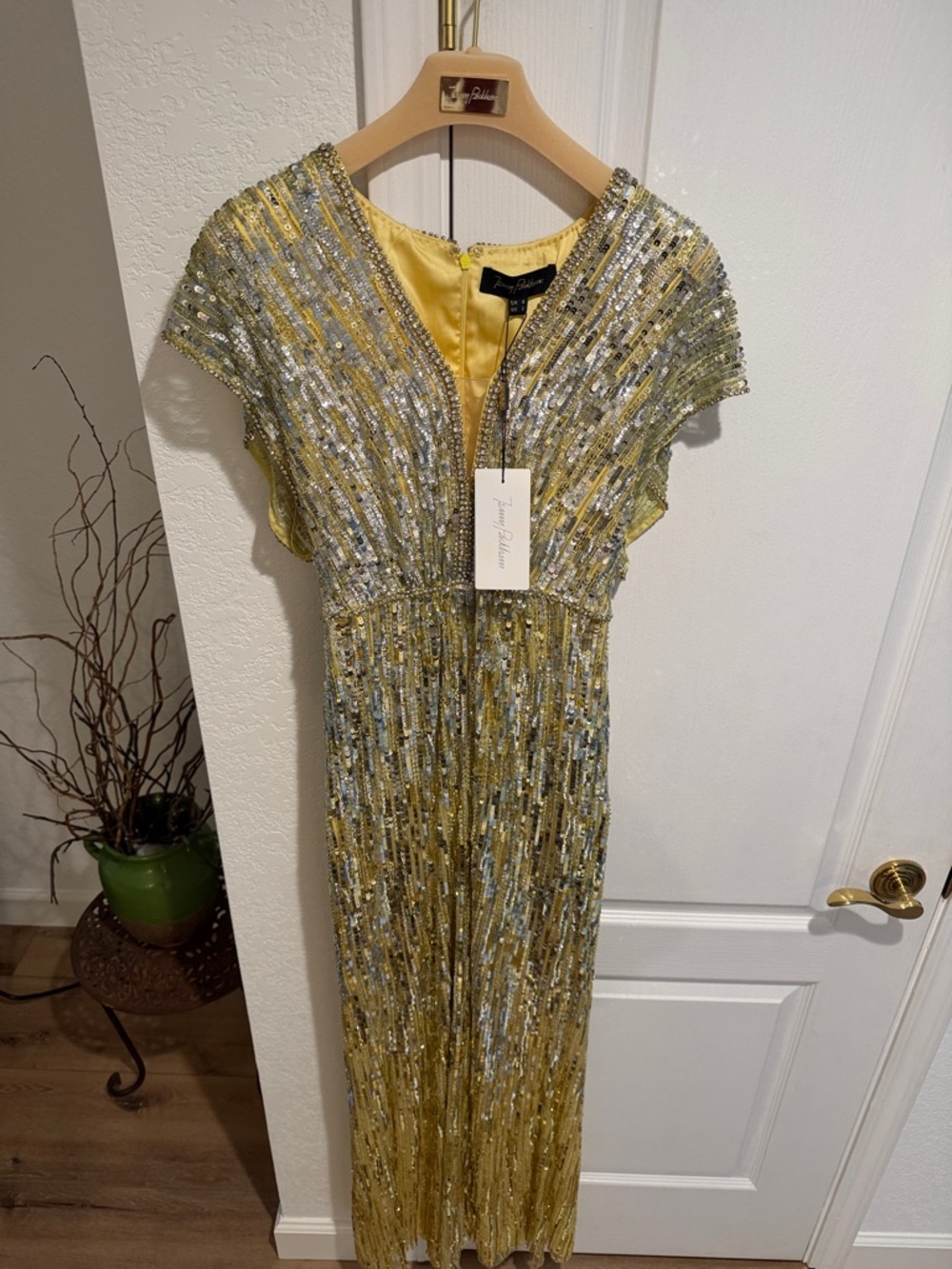 Jenny Packham Yellow and Silver Shiny Sequins Maxi Dress